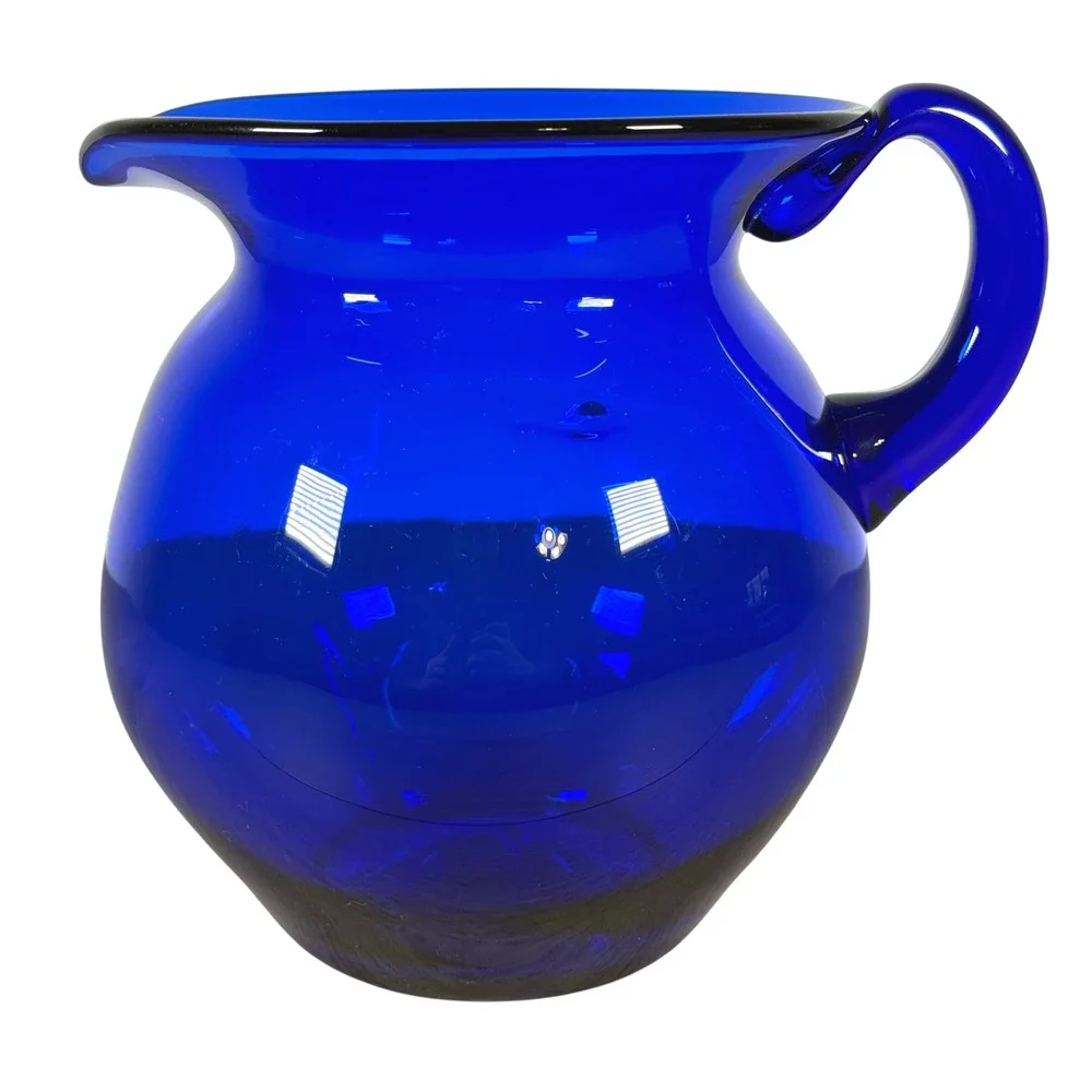 Blenko Cobalt Blue Glass Pitcher Signed 2005 Hand Blown 7.5in USA 2000s